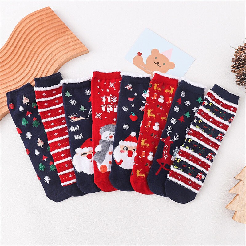 1 Pairs Cute Christmas Socks Comfortable Soft Coral Plush Thick Warm Cartoon Elastic Parent-Child Interaction Christmas Socks