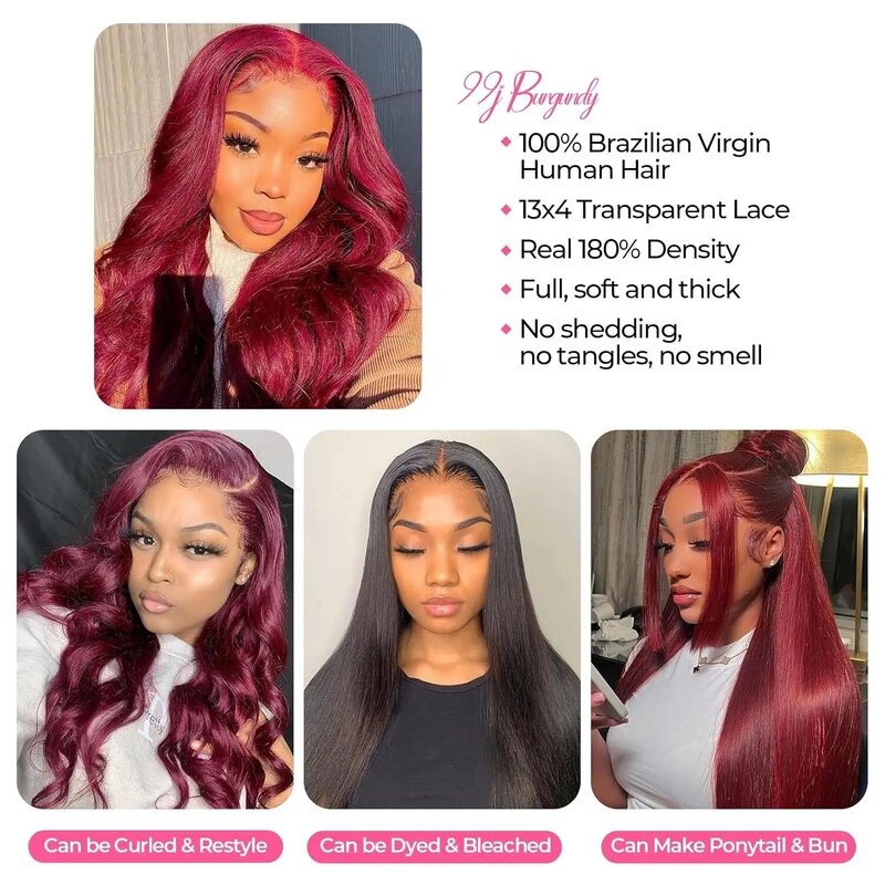Glueless Straight HD Lace Frontal Wig para mulheres negras, Borgonha, cabelo humano, vinho vermelho colorido, 30 ", 99J, 13x4, 13x6, 180 Densidade
