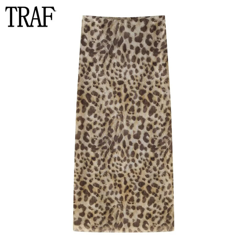 TRAF Leopard Print Tulle Skirts for Woman High Waist Long Skirt Woman Summer Beach Women's Skirts Streetwear Straight Midi Skirt