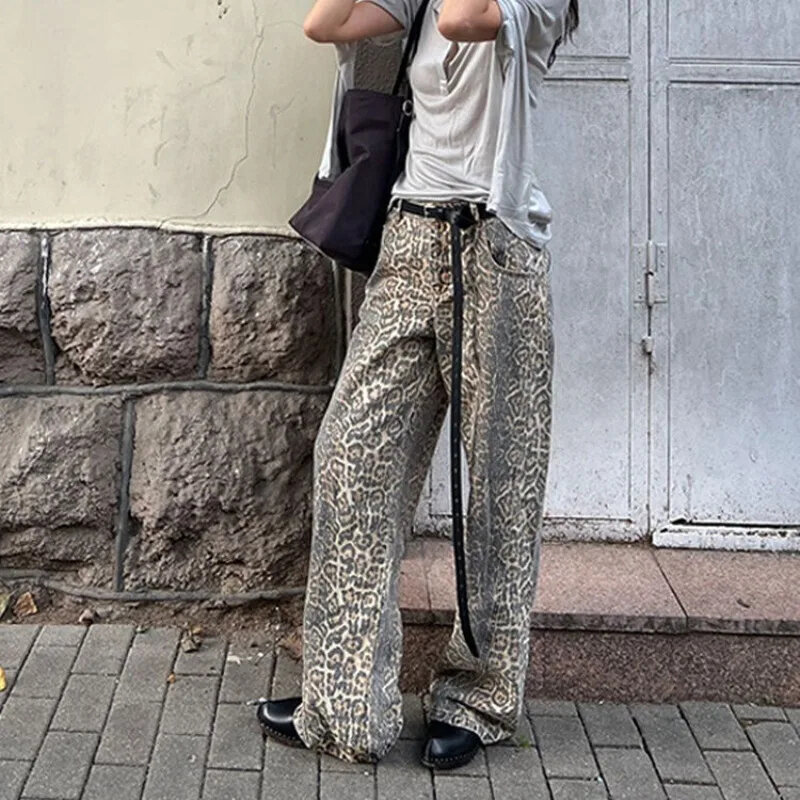 Jeans com estampa leopardo vintage feminino e masculino, estilo vibe solto, cintura alta chique casual, calças de perna larga Wash Y2K