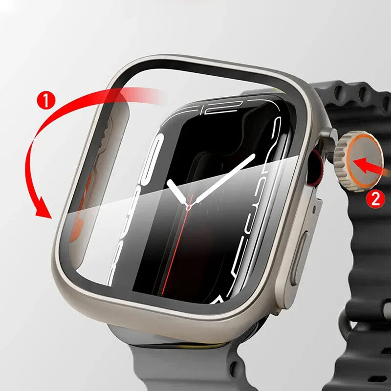 Kaca + casing untuk Apple Watch 44mm 45mm 41mm 40mm 42mm 38mm pelindung layar penutup perubahan Bumper Ultra iWatch seri 9 8 7 SE 6 5
