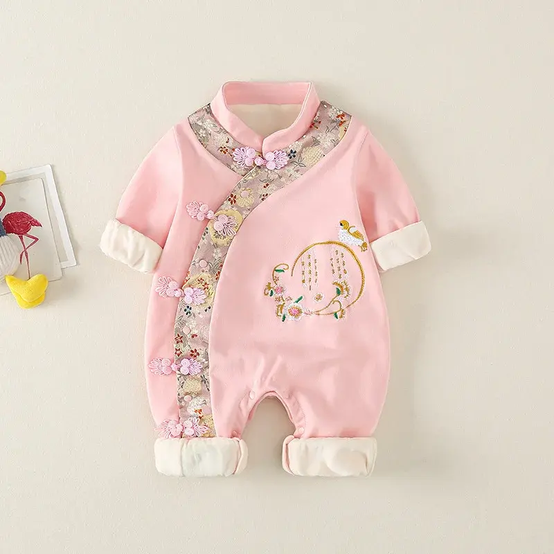 Fato Tang bordado vintage para bebê recém-nascido, traje quente para bebês, macacão rosa, estilo chinês, moda outono e inverno, 1 pc