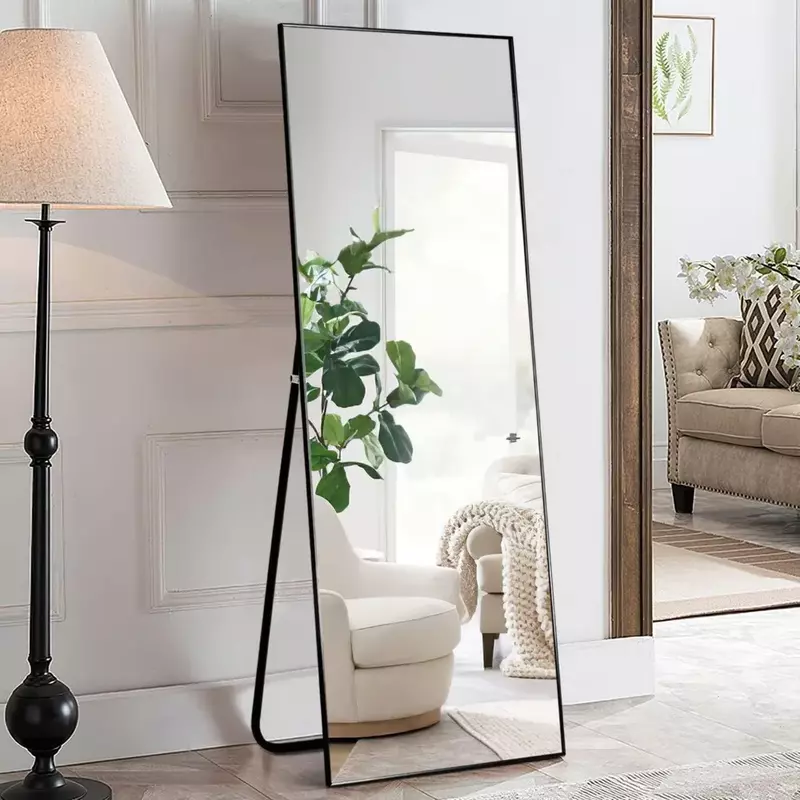 Зеркало в полную длину, черное, подвесное или прислоненное к стене, тонкая рамка из алюминиевого сплава, 65x22 дюйма, для гостиной и дома