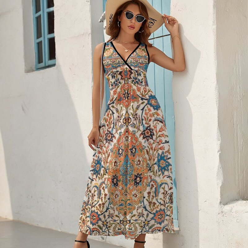 이스파한 앤티크 중앙 페르시아 카펫 프린트 민소매 드레스, 여름 스커트, 여성 의류, 한국 스타일리시