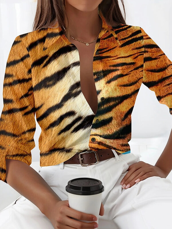 Блузка женская оверсайз с леопардовым принтом, модный топ, рубашка с лацканами, весна-лето