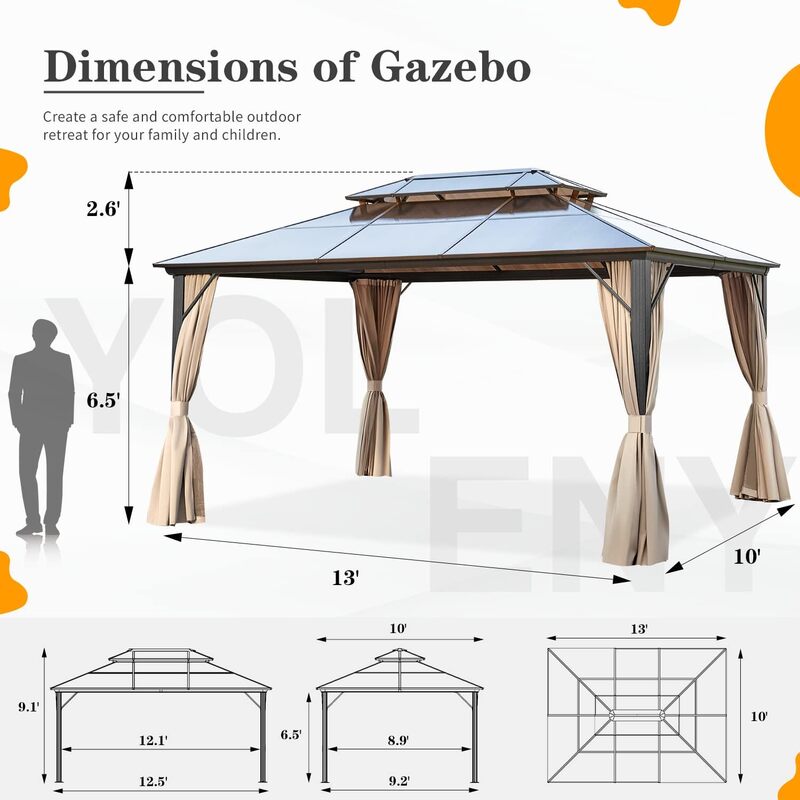 10'x13' Hardtop Gazebo, Outdoor Polycarbonate Double Roof Canopy, Aluminum Frame Permanent Pavilion wit