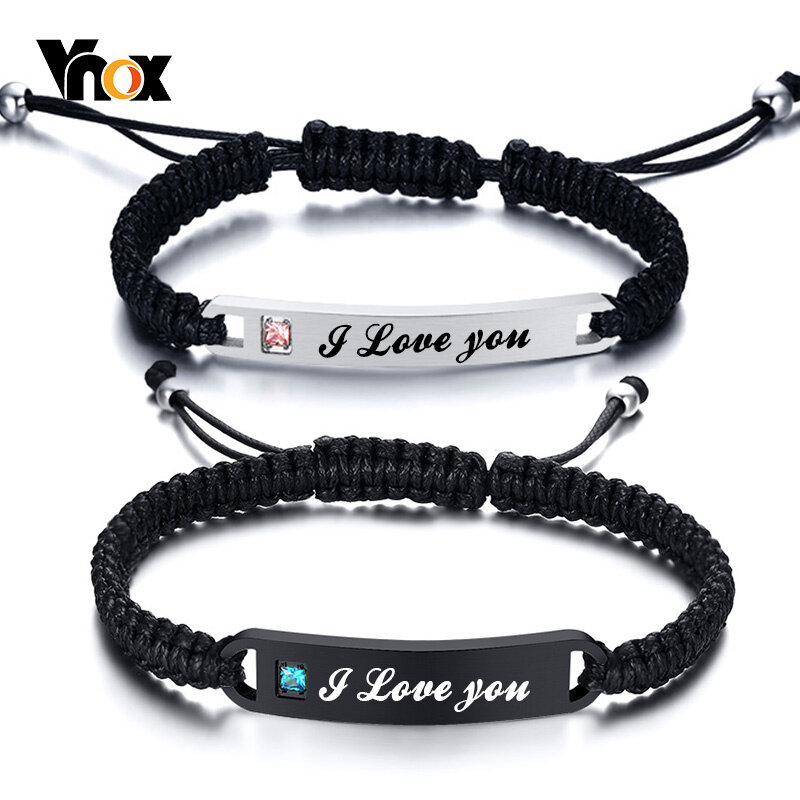 Vnox-pulseiras personalizadas feitas à mão, braceletes trançados de aço inoxidável, pedra cz, aaa, mulheres, homens, presente de aniversário