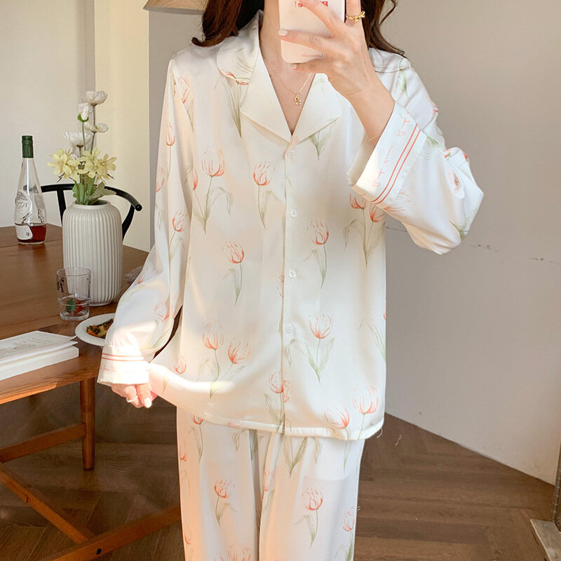Дизайнерская Весенняя атласная Женская шелковая пижама из 2 предметов, мягкая одежда для отдыха с длинным рукавом и принтом, одежда для сна на пуговицах, домашний комплект