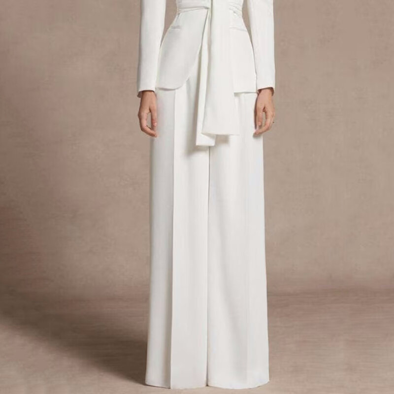 Conjunto de traje de 2 piezas de algodón blanco para mujer, chal de botonadura única, solapa con cinturón, pantalones de cintura alta, diseñador, dama de honor, cóctel, fiesta de graduación