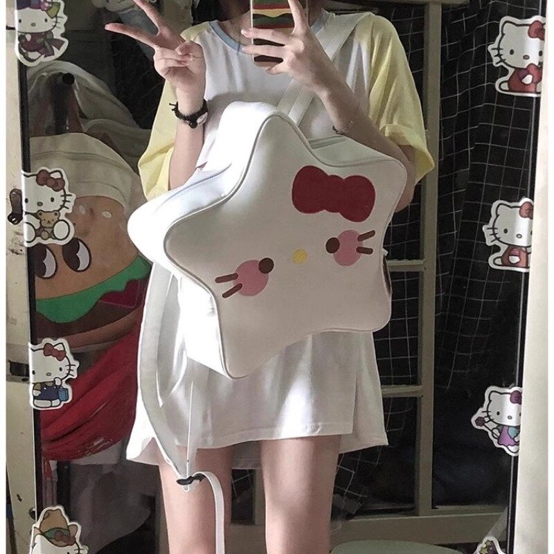 MBTI-mochila de Hello Kitty para mujer, bolso informal de cuero con forma de pentagrama, color blanco, estilo universitario