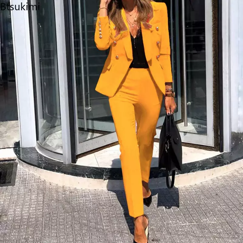 2024 Women's Formal Office Pants Sets 2PCS Elegant Solid Blazer Suits Jacket and Pants Sets Female Two Piece Office Lady Outfits