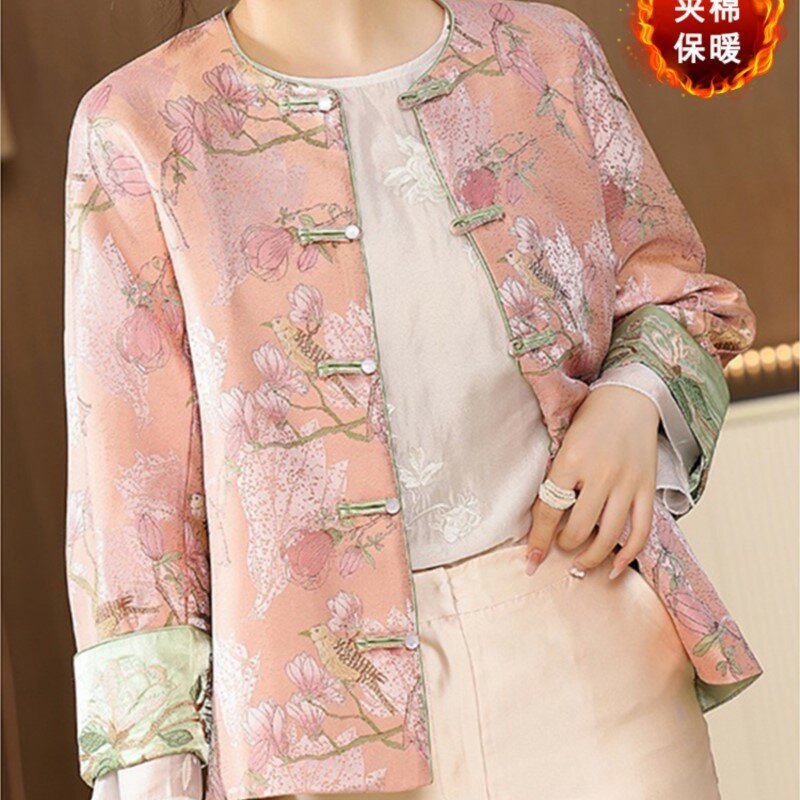 Abrigo acolchado de algodón fino bordado para mujer, Top de cuello redondo de manga larga con nudo y botones, Color a juego, novedad China