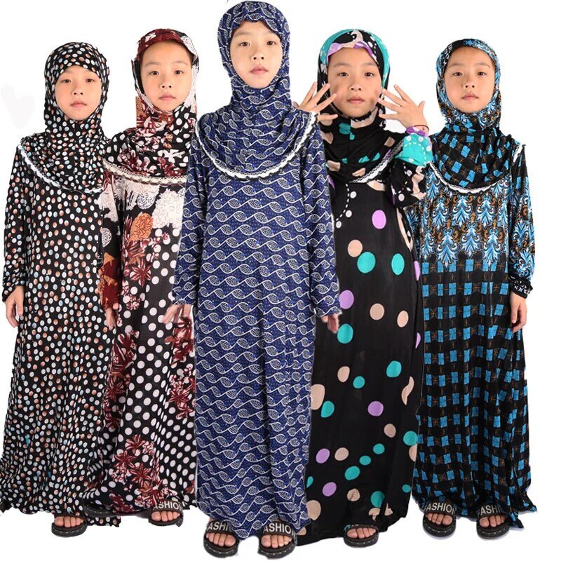 Caixa cega vestido enviar aleatoriamente muçulmano meninas vestido hijab ramadan conjuntos árabes crianças dubai headscarf longa robe vestido de festa islâmica