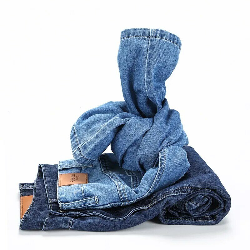 2022  Business Casual Stretch Denim Pants Men's Blue Pure Cotton 100% Straight Leg Jeans Male Brand Plus Size 40 42