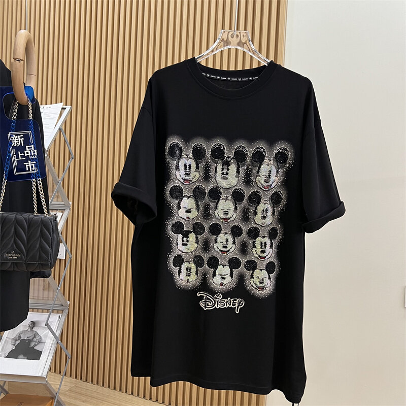 Potdemiel-Camiseta de manga corta con estampado de dibujos animados, ropa Kawaii holgada de longitud media con estampado de diamantes, cuello redondo, Verano