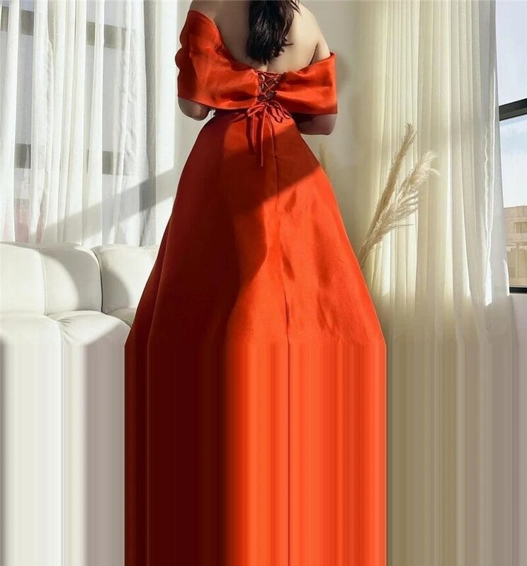 فساتين سهرة برقبة رسن مطرزة باللون البرتقالي من الساتان بأكمام قصيرة طول الأرض المرأة العربية السعودية فستان حفلات رسمي