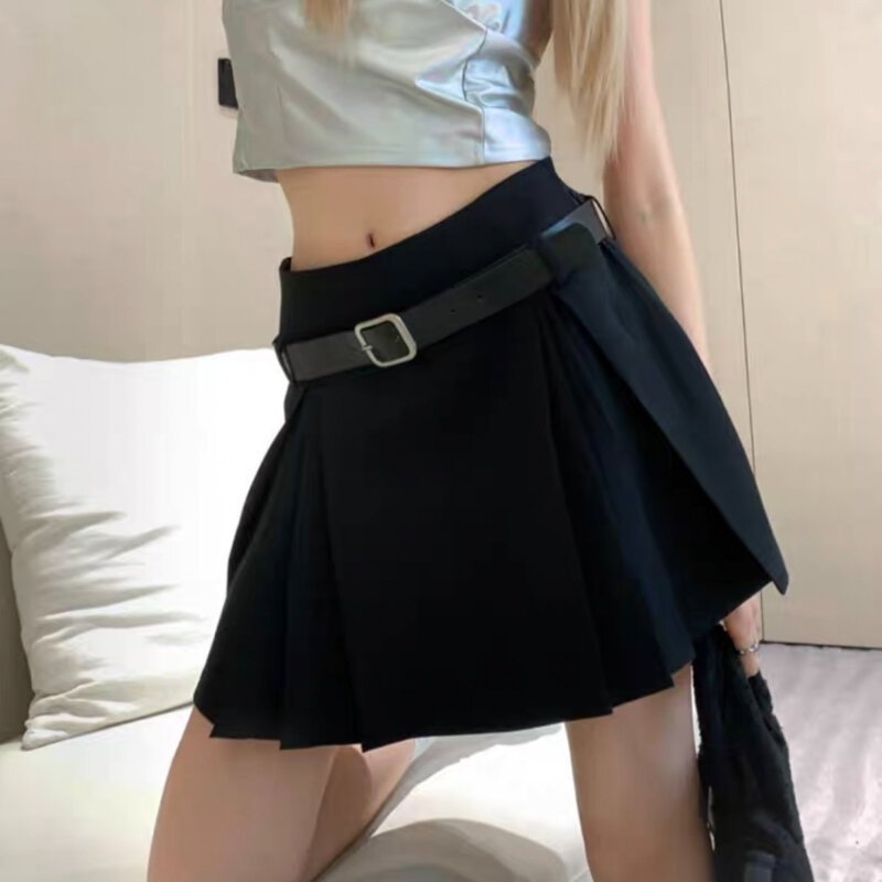 Deeptown-女性のプレッピースタイルのプリーツスカート、ベルト付きのセクシーなハイウエストミニスカート、甘いカジュアル韓国のファッション、女の子のスパイススタイル