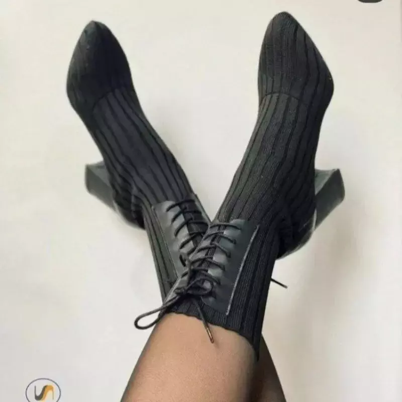 Ladies Shoes on Sale 2023 Fashion Lace Up Women Boots Winter Pointed Toe Solid Middle Tube Chunky Heel Large Size Stretch Boots