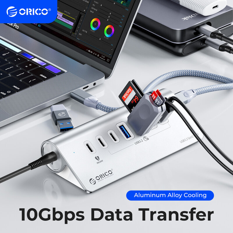 ORICO-Chargeur USB 3.2 HUB en aluminium, 10Gbps, vitesse souriante 62PD60W, répartiteur de type C avec adaptateur secteur pour MacPle, accessoires PC