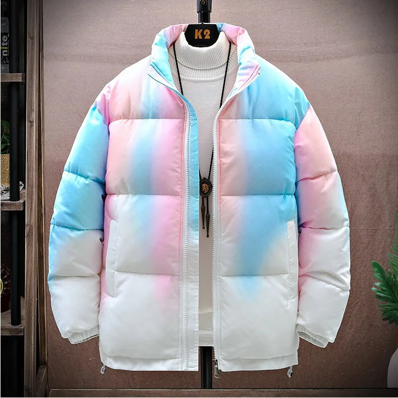 New Winter Men's Standing Collar Light Cotton Coat Korean Fashion Large Warm Thick Gradient Tops
