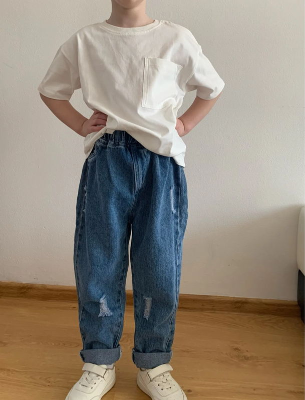 Новые длинные джинсы для мальчиков, Свободные повседневные брюки с дырками для маленьких и мальчиков, крутые повседневные брюки, детская одежда