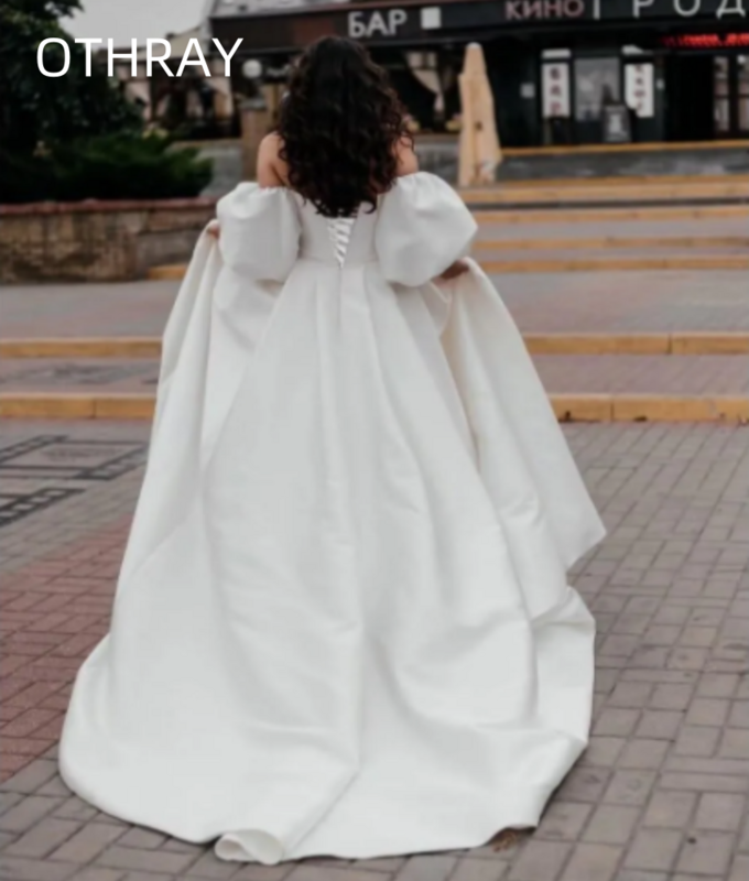 슬릿 비치 스트랩리스 연인, A 라인 보호 심플한 신부 가운, 새틴 퍼프 소매, 여성용 웨딩 드레스, 2024