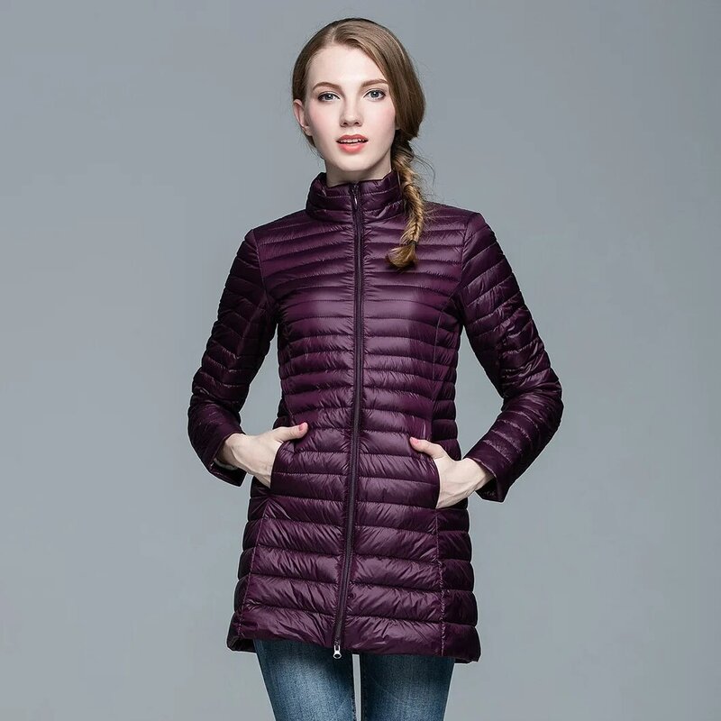 Abrigo cálido ultraligero de plumón de pato para mujer, Chaqueta larga y ajustada, color liso, novedad de primavera, 2022