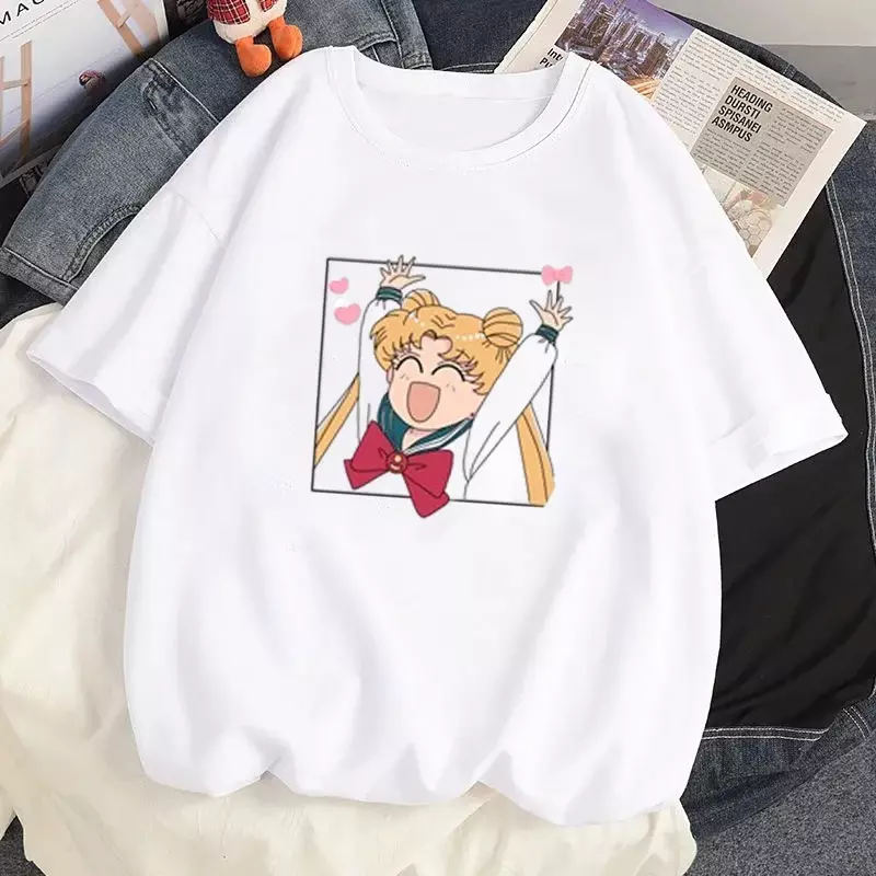 Women's T-shirt Japanese Anime Cute Print Tops Girls Blouse Harajuku Clothing Sailor Moon Kawaii Cartoon Clothes Y2k Streetwear
