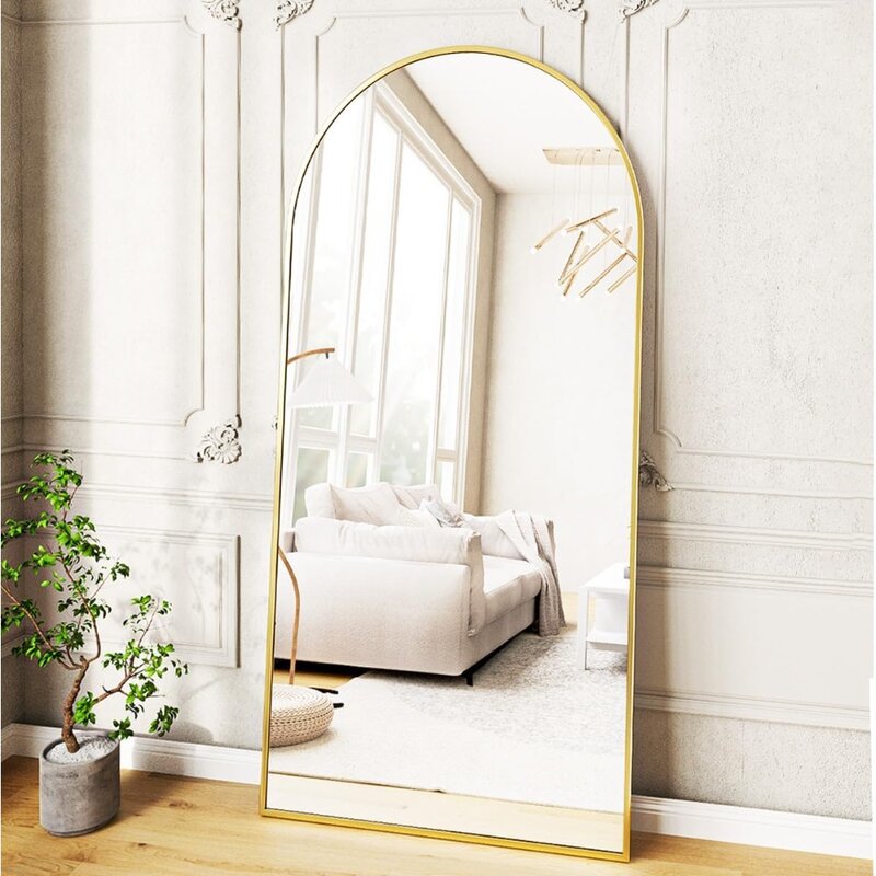 Espejo de piso arqueado de longitud completa, suelo de gran tamaño dorado con soporte, sala de estar de pie para cuerpo completo, espejos de piso