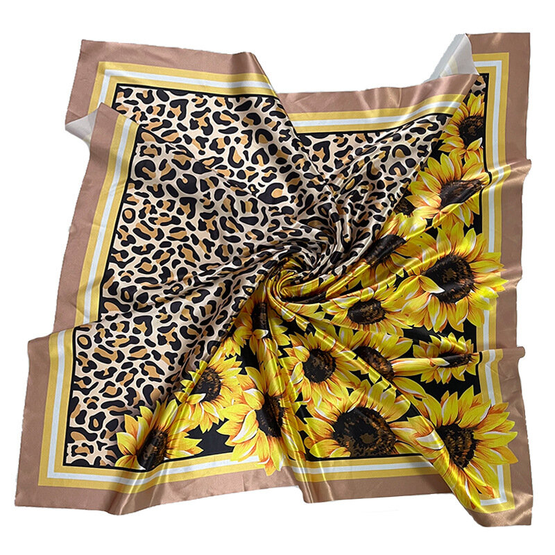 Bufanda de seda de Diseño de Moda Americana, costura de leopardo y girasol, elemento americano, toalla cuadrada grande
