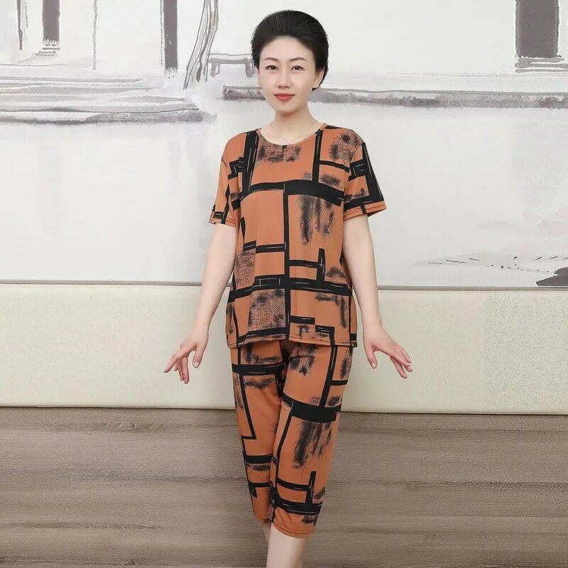 Women Pajama Top Ethnic Style Women's T-shirt Pants Set with Printed Top Cropped Trousers for Casual Sport Outfit 2 Pcs/set