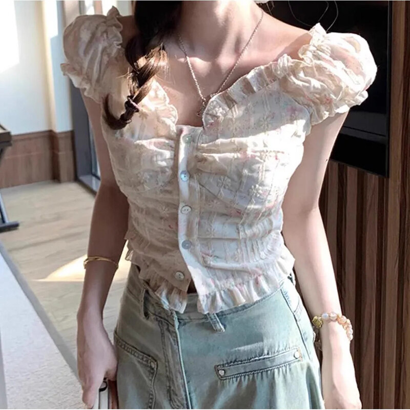 Gidyq Gebloemd Cropped Slash-Hals Shirt Dames Koreaanse Streetwear Sexy Off Shoulder Crop Tops Retro Elegant Geborduurde Blouses Nieuw