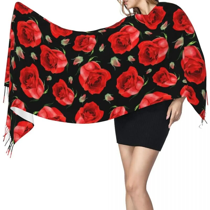 タッセル付きの赤いバラの花のショール、暖かいスカーフ、ファッションスツール、ネックラップ、ヘッドバンド、ヒジャーブ、秋、冬