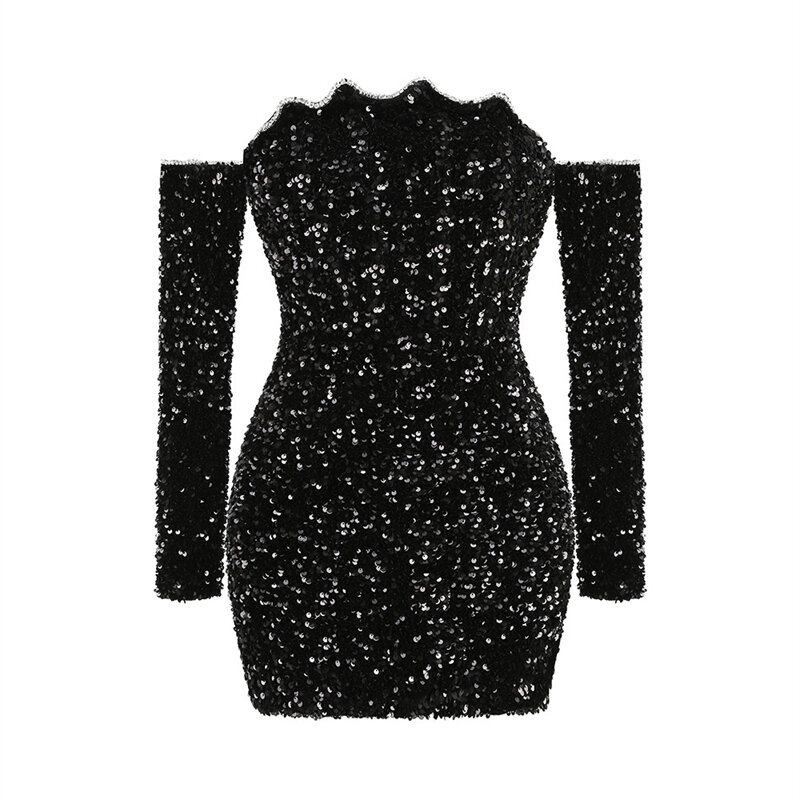 New Long Sleeve Sexy Sequins Dress Slim-Fit Party One-Line Collar Hip Skirt Dress Black Elegant Party Dress Women's Clothing