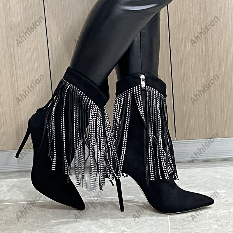 Ahhlsion-Rhinestone Stiletto Ankle Boots para mulheres, sexy dedo apontado, sapatos de clube preto, dedo apontado, inverno, plus size 5-13