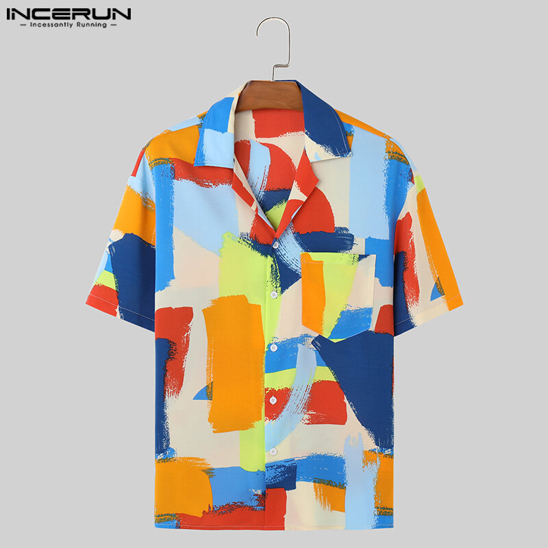Stylish Casual Style Tops INCERUN New Men Colorful Square Contrast Printed Shirts Handsome Male Funny Short Sleeved Blouse S-5XL
