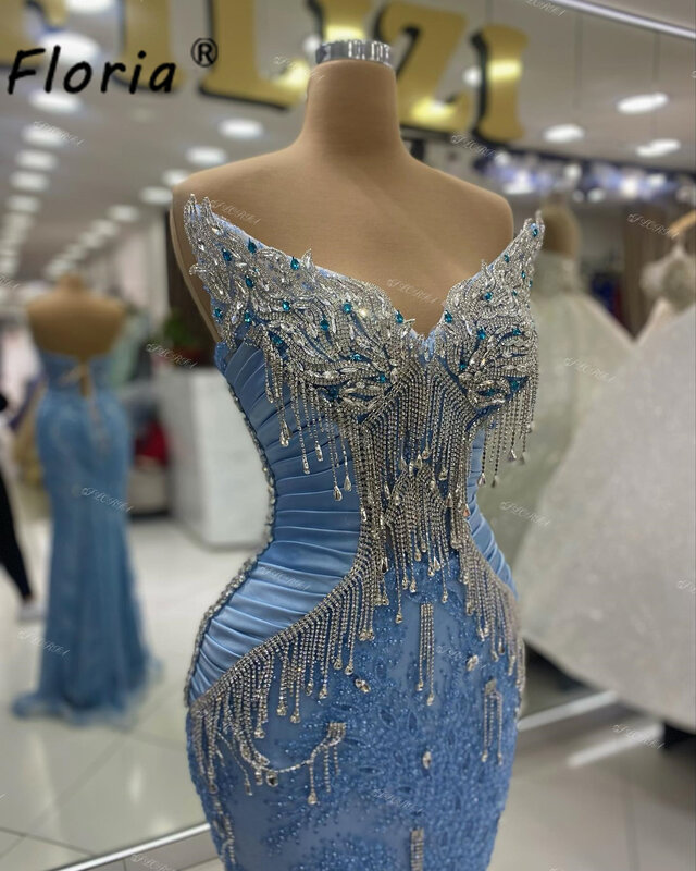 Vestido de noite formal com borlas de cristal, gola V, sereia árabe, vestido de casamento, azul, pregas, moda, 2024