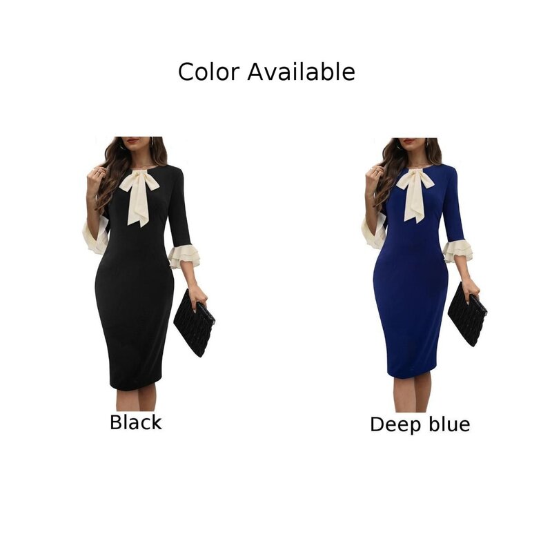 Womens Elegant Formal Pencil Dress for Office Work OL Cocktail Party Dress with Ruffled Sleeves and Knee Length