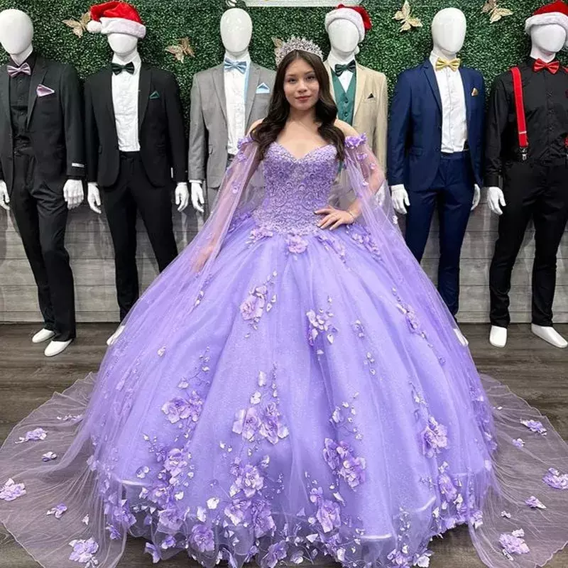 Vestido De quinceañera De princesa lavanda, cuentas De flores 3D con capa, hombros descubiertos, fiesta hinchada, dulce 16, 15 años, 2024