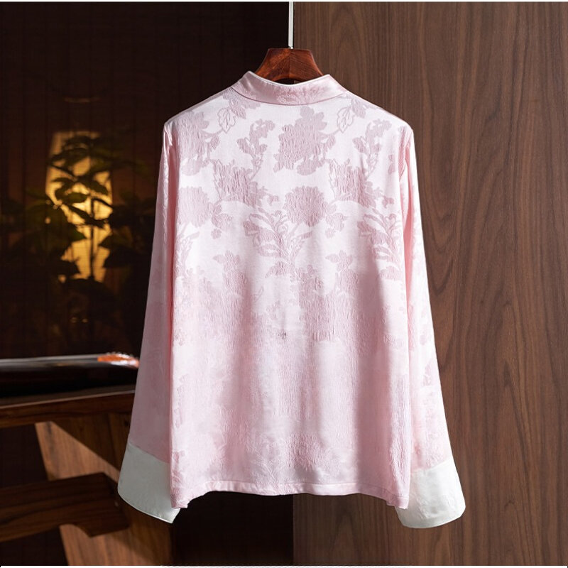 Satynowa koszula damska w stylu chińskim Wiosna/Lato Vintage Bluzki Luźne długie rękawy Damskie topy Kwiatowa modna odzież