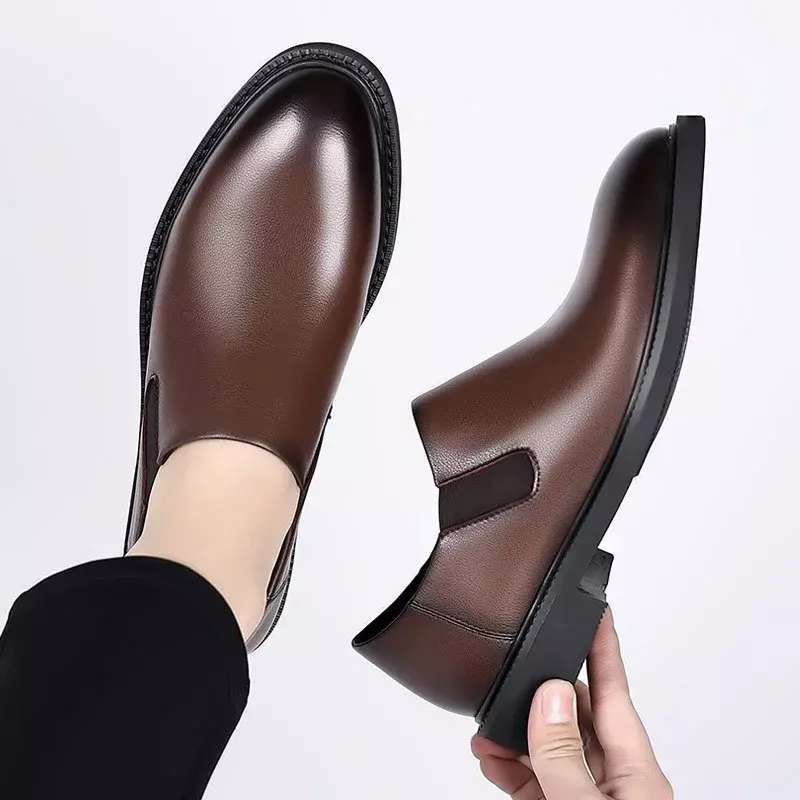 2023 Versatile Men's Shoes Outdoor Office Men's Casual Shoes Solid Pointed Toe Slip on Low-heeled Non Slip Fashion Leather Shoes