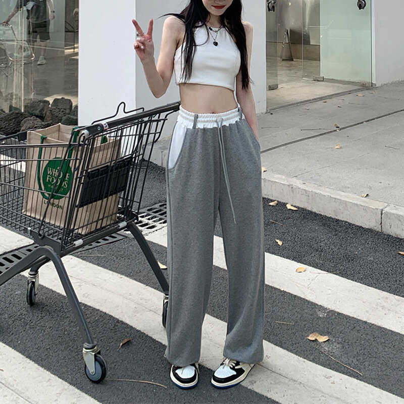 Tide High Street Gray Drawstring Ankle-Tied Casual Pants Women Y2k Summer 2023 High Waist Fashion Loose Straight Wide-Leg Pants