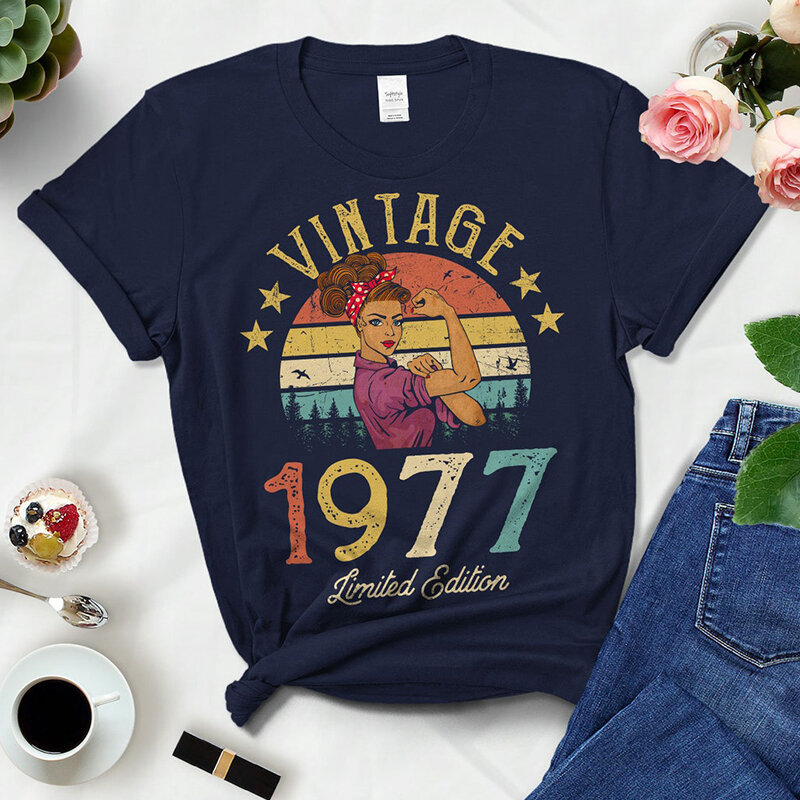 Vintage 1977 Limited Edition Zwarte Katoenen T-Shirts Vrouwen Retro Zomer Mode 47e 47 Jaar Oude Verjaardagsfeestje Tshirt Dames Top