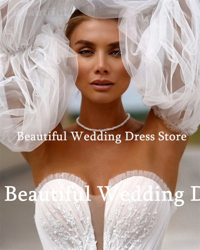 Hochzeits kleid für Frauen abnehmbare geschwollene Ärmel Perlen Applikationen A-Linie Tüll Brautkleid bodenlangen 2024 Hochzeits kleid