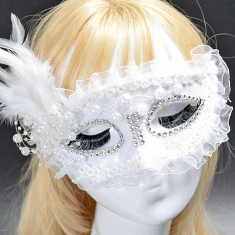 Máscaras de encaje para baile de graduación de Halloween, Aldult, fiesta de princesa, pluma blanca, moda Sexy, disfraz de Festival de Carnaval, accesorio para mujer