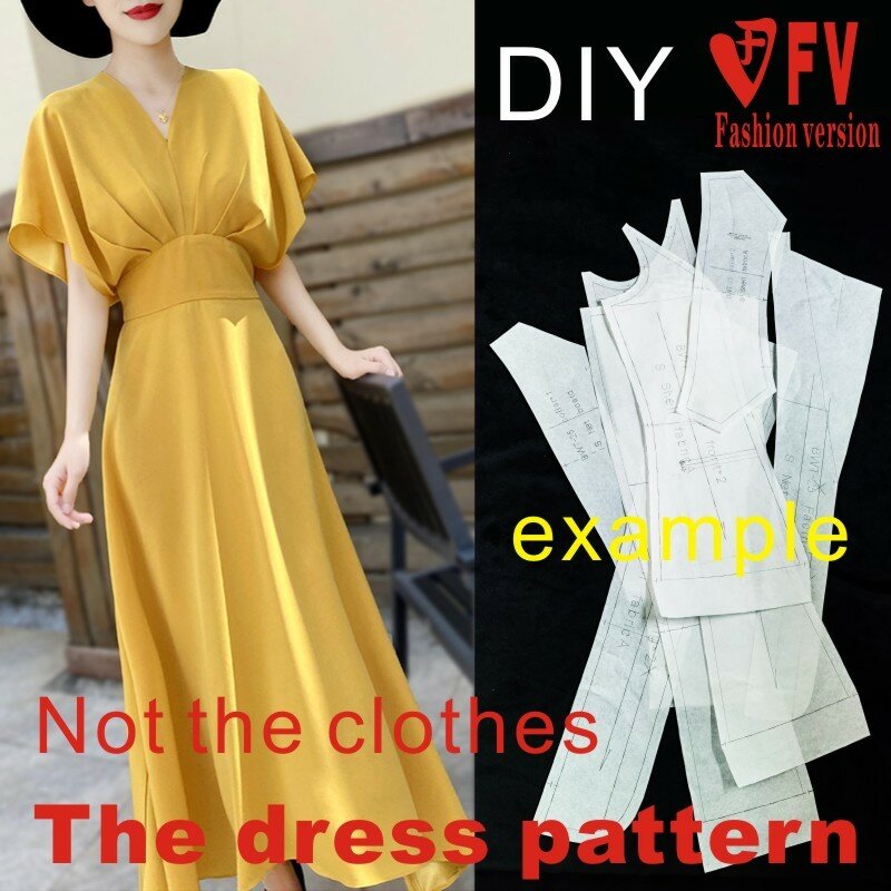 옷 만들기 패턴 여성 기질 높은 허리 V 넥 드레스 바느질 패턴 1:1 실제 패턴 BLQ-605