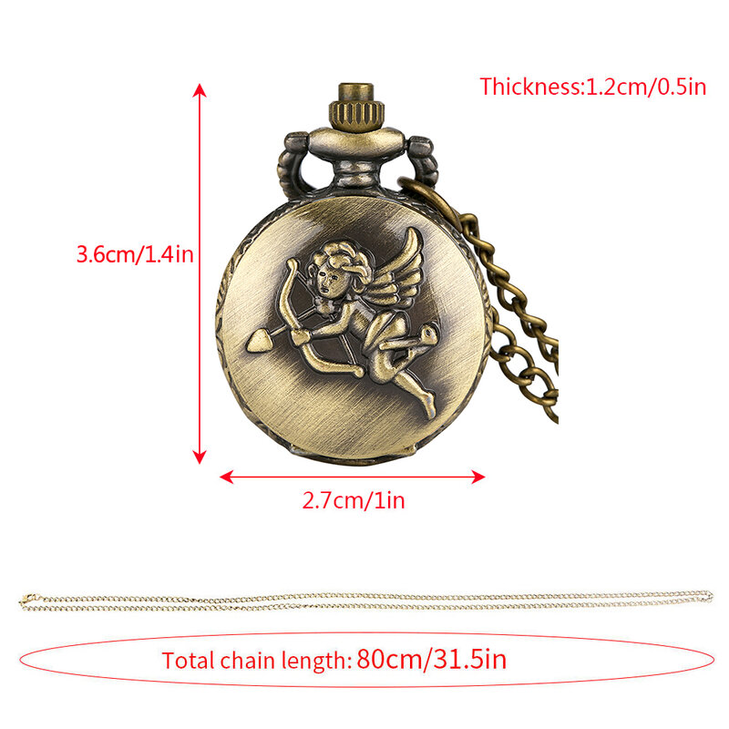 Mini reloj de bolsillo analógico de cuarzo con Flecha de Cupido de bronce, esfera de números árabes, exquisito reloj colgante antiguo pequeño y elegante