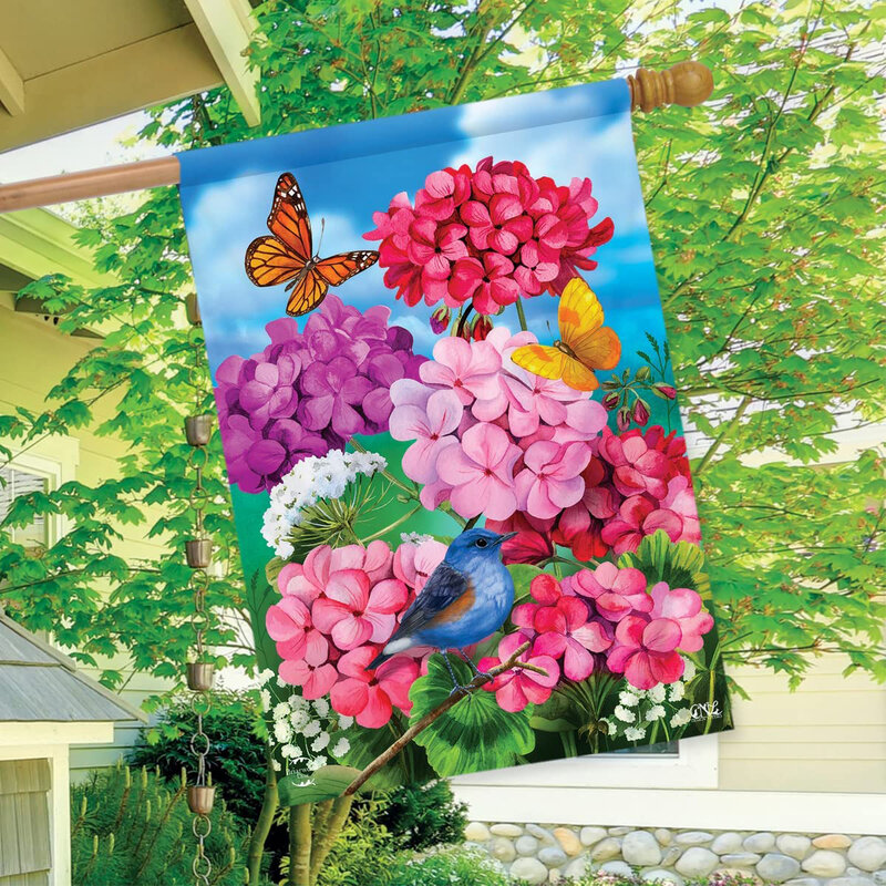 鳥の花のヒマワリの蝶のパターン両面印刷された庭の旗、パティオの装飾、旗竿を除く1個