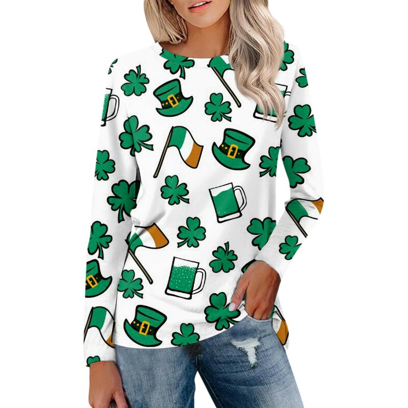 Women's Fashion-Forward Casual Long Sleeve Saint Patrick’S Day Print Round Neck Pullover Top Blouse Eye-Catching Personalized