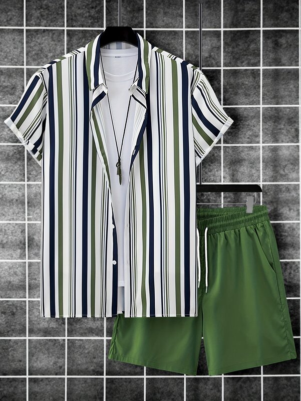 남녀공용 여름 셔츠 세트, 3D 프린트 레트로 줄무늬, 반팔 캐주얼 셔츠, 오버사이즈 비치 반바지, 하와이 남성 정장 의류